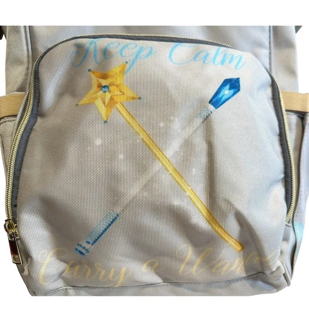 Keep Calm Carry a Wand Gray Backpack Diaper Bag Wide Mouth‎ Multi-Pocket Wizard